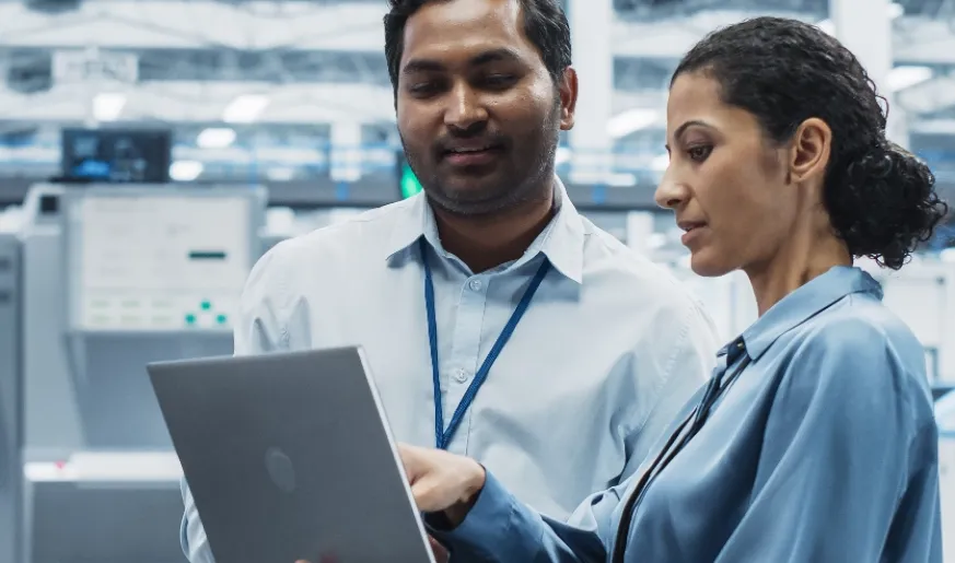 Photo of two coworkers using ther laptop in the office while consulting