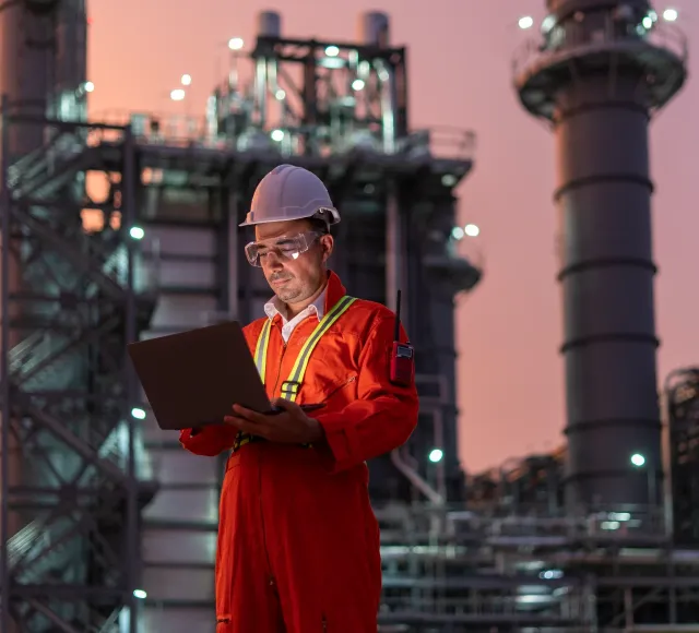 Photo of an engineer working on a laptop at an energy plant