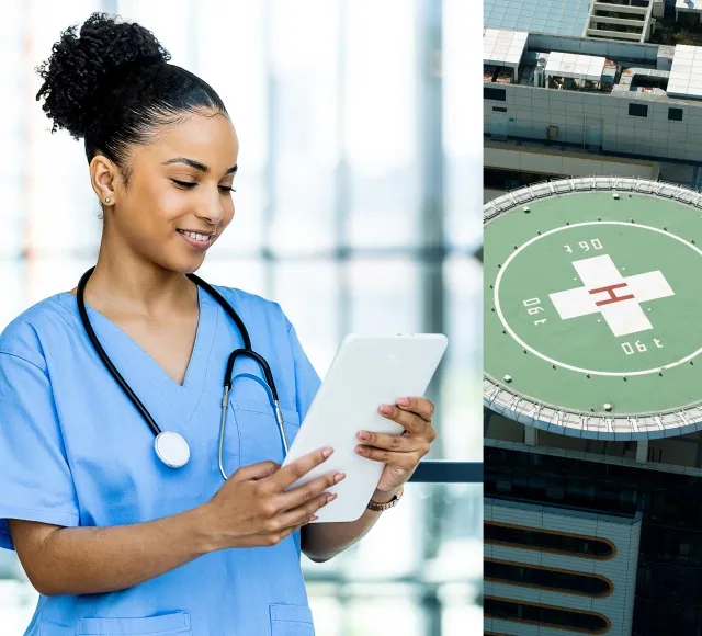 Photo of a double hero image of a nurse and a helipod