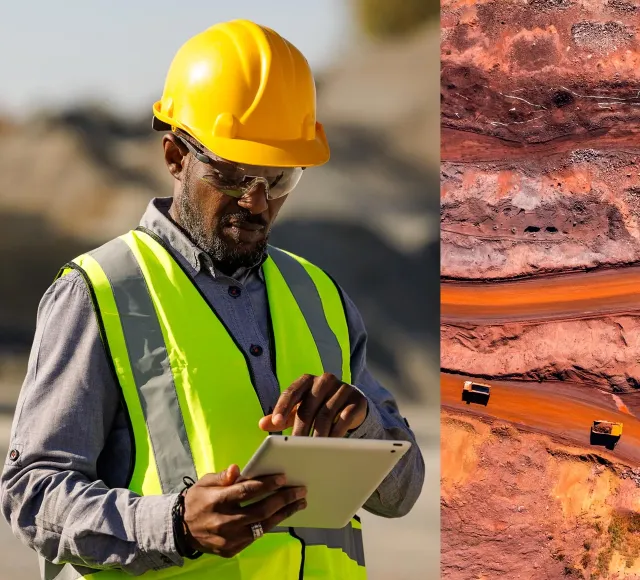Photo of a mining engineer using his tablet on site
