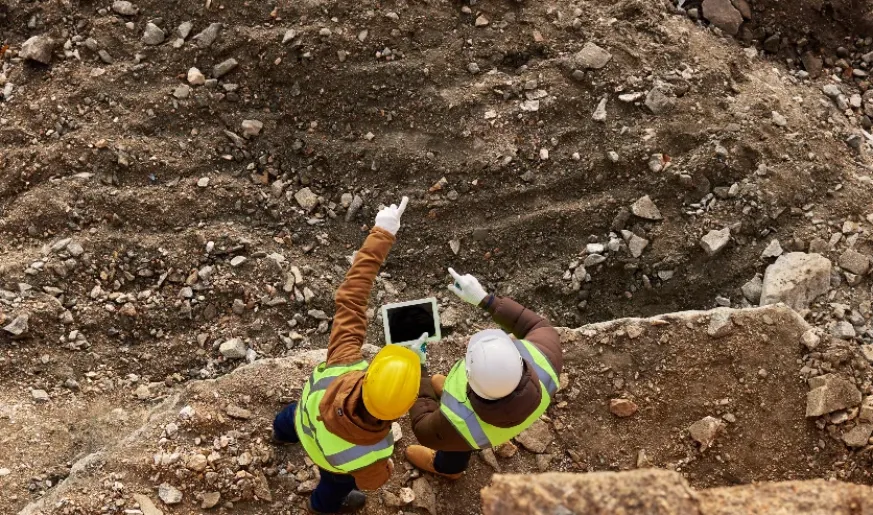 Photo of mining engineers using a tablet while at work