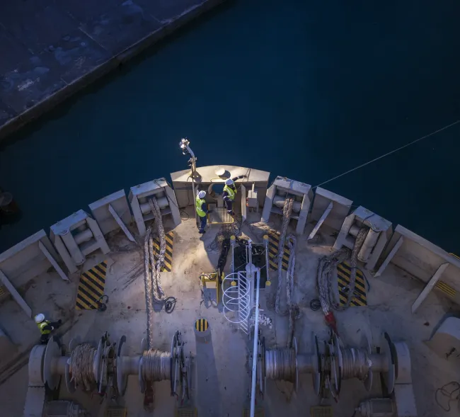Aerial photo of a front of a container ship