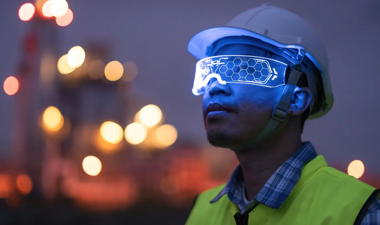 Photo of a worker wathing a digital screen in his helmet