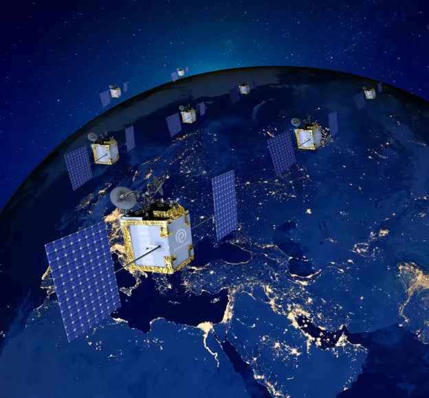 Photo of satellite LEO constellation in space with Earth in the background