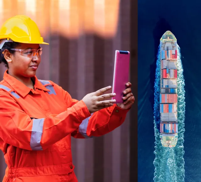 Double hero image of an engineer and an aerial photo of a vessel at sea
