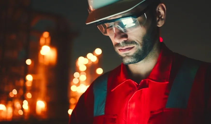 Photo of an offshore engineer during the night staring at his device