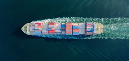 Aerial photo of a merchant ship at sea