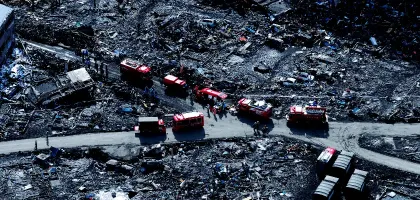 Aerial view of the Japanese Ground Self-Defense Force and disaster relief crews