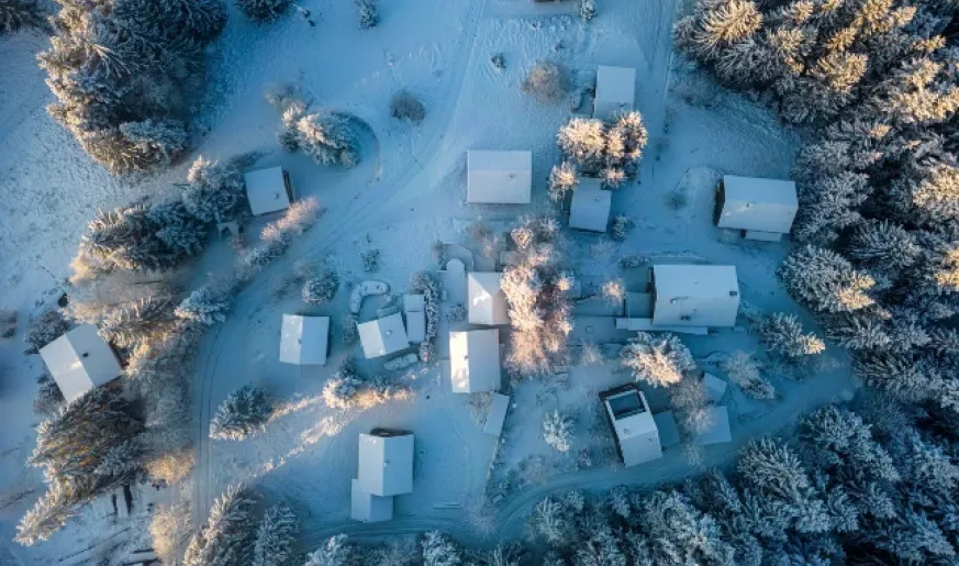 Aerial photograph of a snowy village