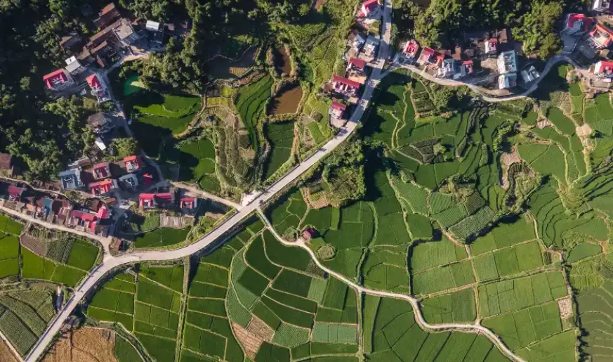 Aerial photo of a rural landscape with houses